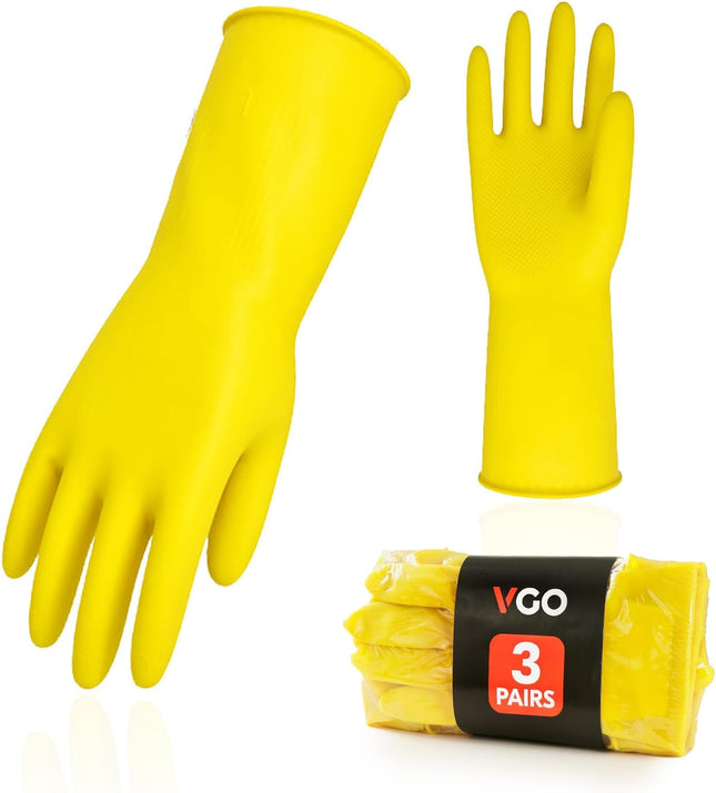 3-Pairs Reusable Household Gloves, Rubber Dishwashing Gloves, Extra Thickness, Long Sleeves, Kitchen Cleaning, Working, Painting, Gardening, Pet Care (Size L, Yellow, HH4601)