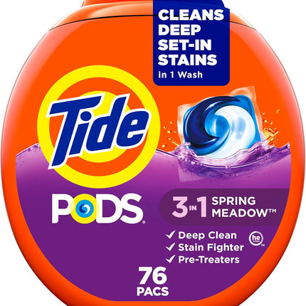 PODS Laundry Detergent Pacs, 3-In-1 Stain Remover, Odor Fighter, Color Protector, 76 Count, HE Compatible, Spring Meadow Scent