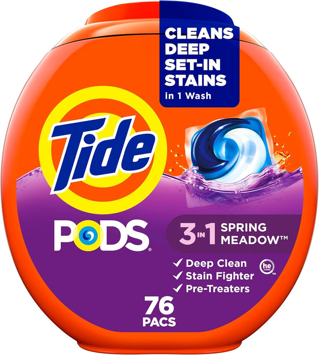 PODS Laundry Detergent Pacs, 3-In-1 Stain Remover, Odor Fighter, Color Protector, 76 Count, HE Compatible, Spring Meadow Scent