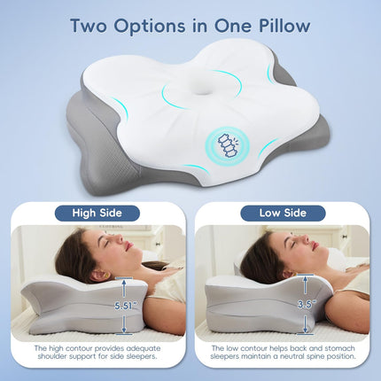 Cervical Neck Pillow, Ergonomic Memory Foam Pillow for Neck Pain Relief with Dual-Height Design, Breathable Cover, Neck Support for Side Back & Stomach Sleepers, Odorless White 1 Pcs