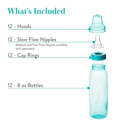 Feeding Classic Tinted Plastic Standard Neck Bottles for Baby, Infant and Newborn, Pink/Lavender/Teal, 8 Oz, 12 Bottles