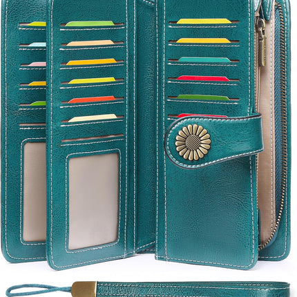Wallets for Women Leather Credit Card Holder with RFID Blocking Large Capacity Wristlet | with RFID Blocking