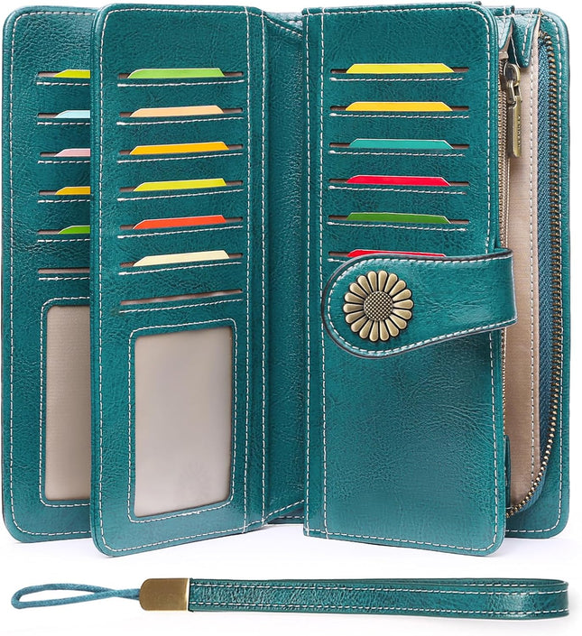 Wallets for Women Leather Credit Card Holder with RFID Blocking Large Capacity Wristlet | with RFID Blocking