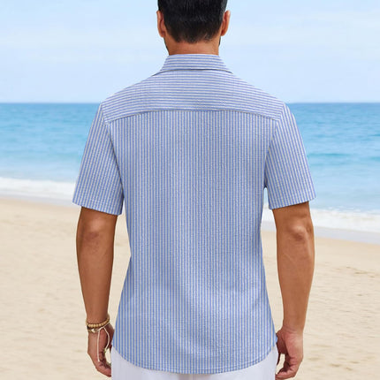 Mens Short Sleeve Casual Shirts Button down Striped Summer Shirts Textured Vacation Beach Shirt