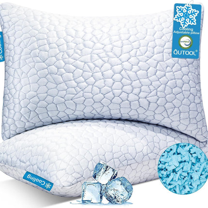 Cooling Pillow for Sleeping, Certipur-Us Shredded Memory Foam Queen Pillows Set of 2, Cool Pillow for Hot Sleepers Adjustable Firm Pillow for Side, Back, Stomach Sleepers Soft yet Support,White