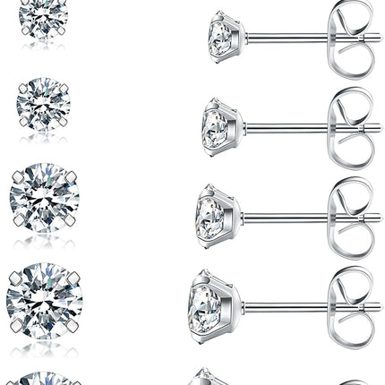6 Pairs Stud Earrings Set, Hypoallergenic Cubic Zirconia 316L Earrings Stainless Steel CZ Earrings 3-8Mm (Steel Color)