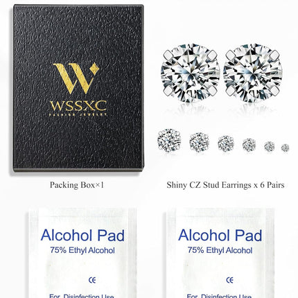 6 Pairs Stud Earrings Set, Hypoallergenic Cubic Zirconia 316L Earrings Stainless Steel CZ Earrings 3-8Mm (Steel Color)