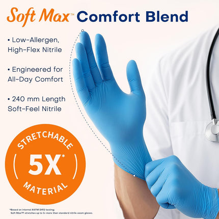 Medical Soft Max Nitrile Exam Gloves Powder-Free Disposable 100 Ct | Soft Stretch Fit • Powder-Free • Latex-Free • Examination • Cooking • Cleaning· Food Prep • 100 Count • Blue