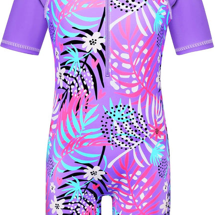Short Sleeve Girls Swimsuits UV 50+ One Pieces Zipper 2-14Y | from Beach Vacations and Pool Parties to Cruises and Water Parks, This Colorful Floral Swimsuit Is Her Summer Favorite