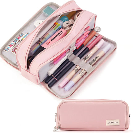 Large Capacity Pencil Case 3 Compartment Pouch Pen Bag for School Teen Girl Boy Men Women (Pink)