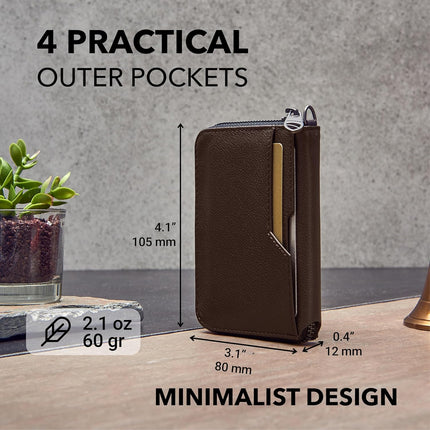 NOTTING HILL Minimalist Leather Zipper Wallet for Women and Men: Slim Multi Cardholder with RFID Blocking and Keychain Ring