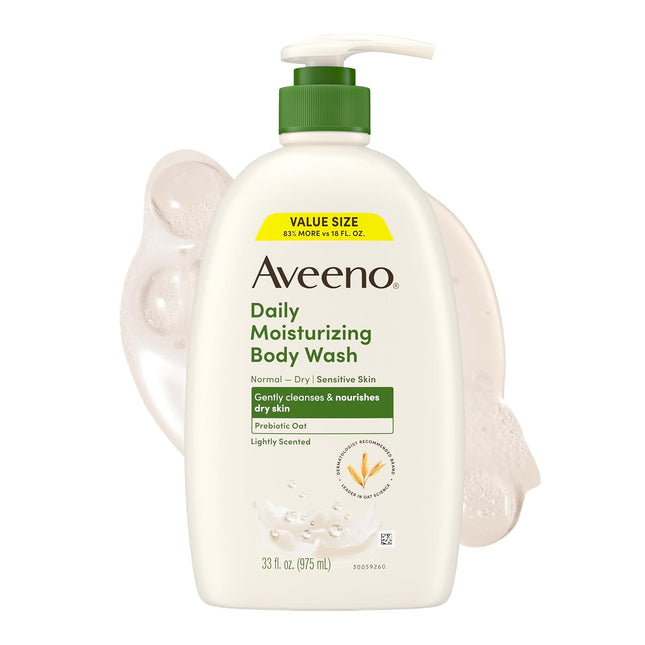 Aveeno Daily Moisturizing Body Wash for Normal to Dry Skin, Sensitive Formula with Prebiotic Oat, Gently Cleanses Dry Skin, Lightly Scented Body Wash for Women and Men, Value Size 33 Fl. Oz