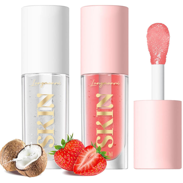 2 Pack Fruit Flavored Lip Oil Balm, Strawberry + Coco | 2 Pack Fruit Lip Oil, Glossy Non-Sticky Shine, Moisturizing Hydration, Dry Lips Care, Daily Makeup, Girls Gift