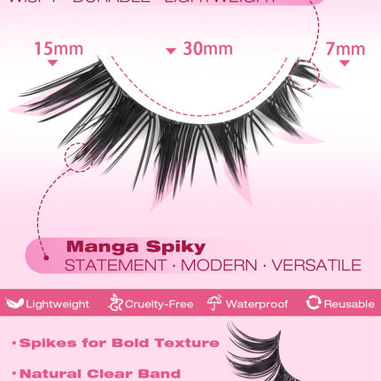 False Eyelashes Bunny Lashes Strips Spiky Eyelashes Natural Look Faux Mink Lashes C Curl 15Mm Wispy Manga Lashes Clear Band Soft Strip Eyelashes Pack for Goth Makeup, 14 Pairs