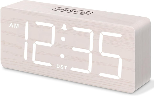 Wooden Digital Alarm Clock for Bedroom with Large Numbers | Desk Clock for Living Room Office, Loud Alarm for Heavy Sleepers Adults, Volume Control, Dimmer, DST, Wood Decor (Plug-In)