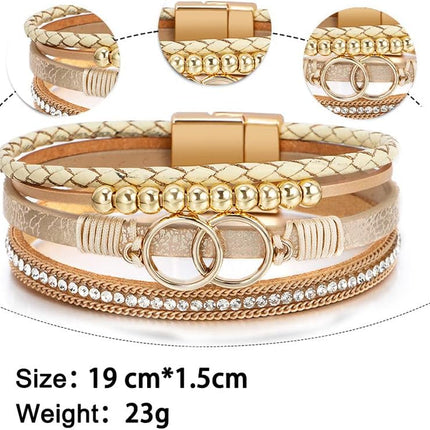 Leopard Bracelet for Women, Boho Leather Wrap Multi-Layer Pearl Crystal Bracelet Bangle Jewelry