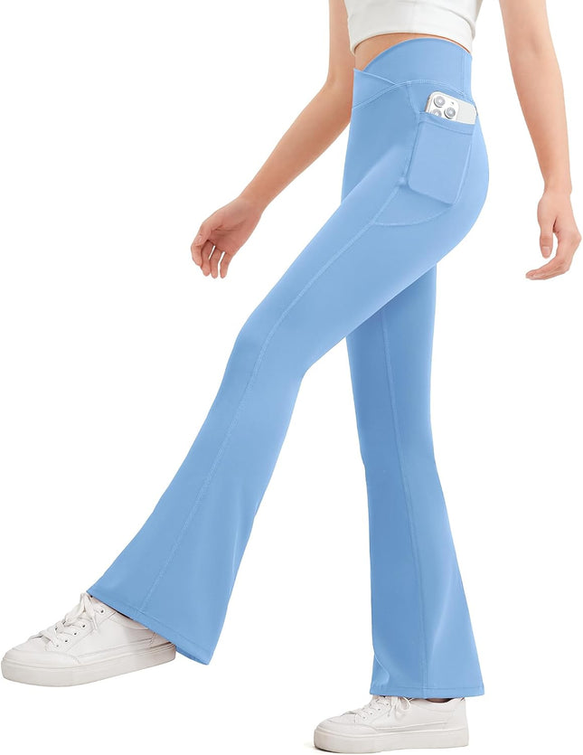 Girls Flare Leggings Kids Bell Bottom Flared Yoga Pants High Waisted Athletic Tight with Pockets