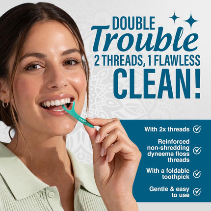 Dual Slickers Floss Picks - Double Threaded Dyneema Dental Floss with Foldable Toothpick for Effective Plaque Removal - Unflavored- 150 Ct