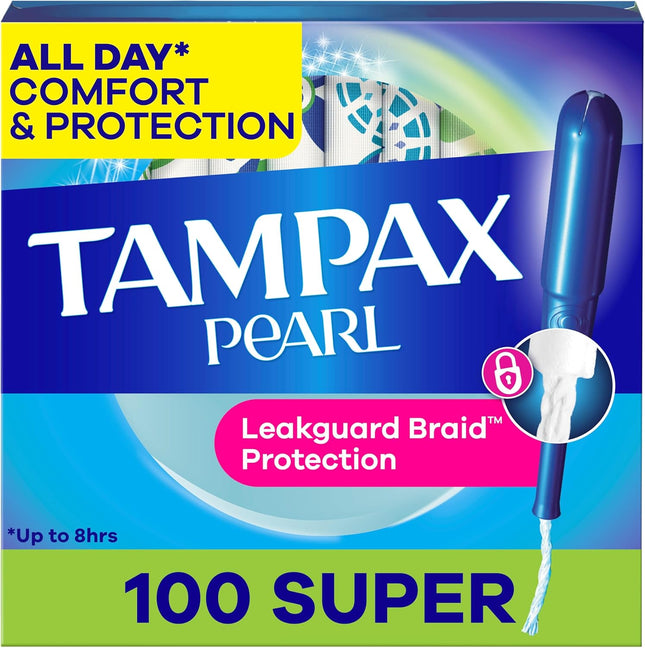Pearl Tampons for Women, with Leakguard Braid, Super Absorbency, Unscented, 100 Count (2 Packs of 50)