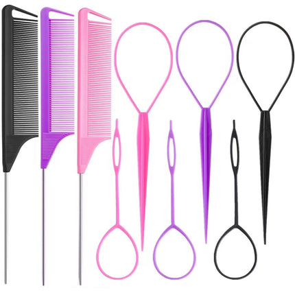 9Pcs Topsy Hair Tail Tool and Rat Tail Comb Set,6Pcs French Braiding Tool Ring,3Pcs Metal Parting Combs,Woman Girl Hair Styling (Pink,Purple, Black)