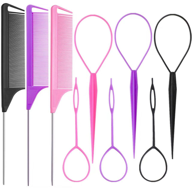 9Pcs Topsy Hair Tail Tool and Rat Tail Comb Set,6Pcs French Braiding Tool Ring,3Pcs Metal Parting Combs,Woman Girl Hair Styling (Pink,Purple, Black)
