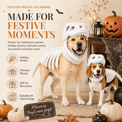 Dog Dinosaur Skeleton Costume, Pet Halloween Party Costumes (Grey | 34In)