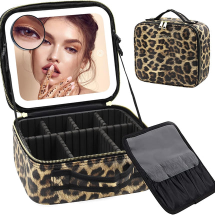 Makeup Bag with Light up Mirror, Travel Makeup Case with Mirror and Lights, Lighted Cosmetic Train Case with 3 Color Settings, Make up Organizer Bag with Adjustable Dividers Brush Board