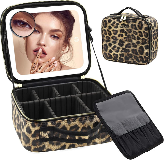 Makeup Bag with Light up Mirror, Travel Makeup Case with Mirror and Lights, Lighted Cosmetic Train Case with 3 Color Settings, Make up Organizer Bag with Adjustable Dividers Brush Board
