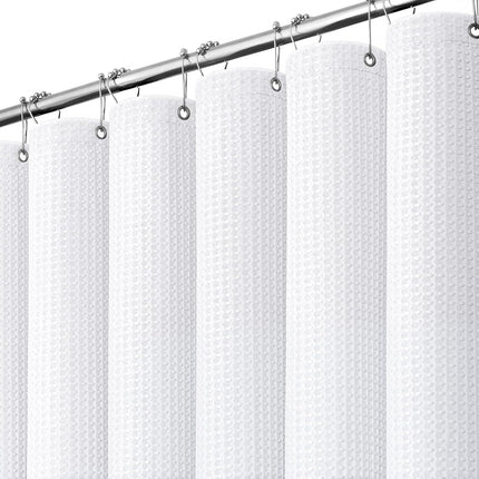 White Fabric Shower Curtain, Waffle Weave Heavy Duty Thick Fabric Shower Curtains for Bathroom, 256GSM Weighted Hotel Luxury Cloth Shower Curtain Set with 12 Plastic Hooks, 72Wx72H, White