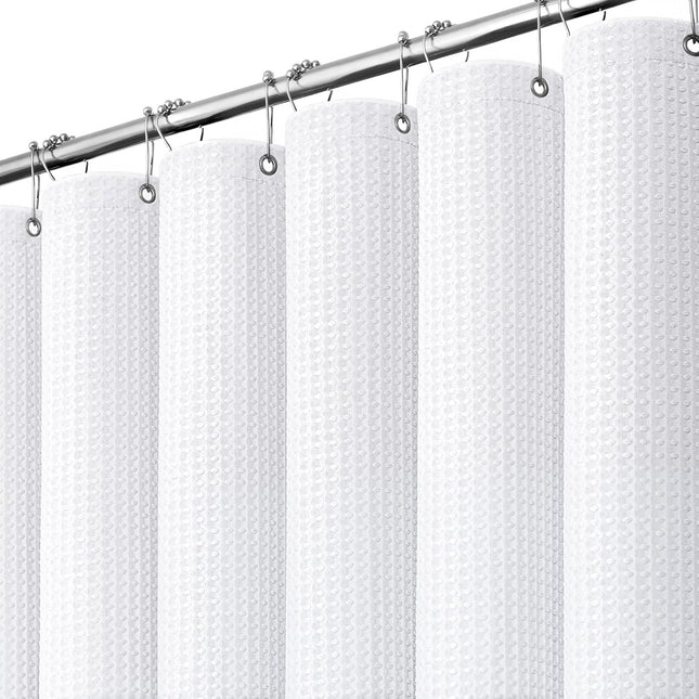 White Fabric Shower Curtain, Waffle Weave Heavy Duty Thick Fabric Shower Curtains for Bathroom, 256GSM Weighted Hotel Luxury Cloth Shower Curtain Set with 12 Plastic Hooks, 72Wx72H, White