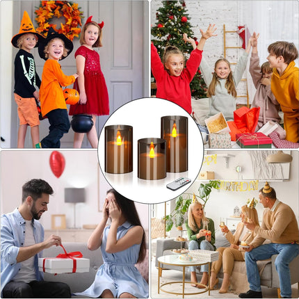 Flameless Candles 4" 5" 6" Acrylic Glass Pillars 3" Diameter Battery Operated Flickering Candles Include 8-Key Remote with Timer Function 400+ Hours (Gray, Warm Light 3 Pack)
