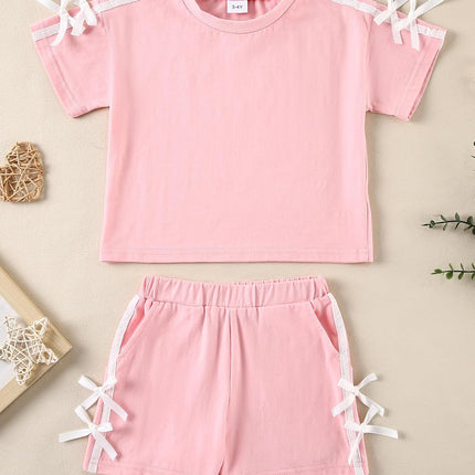 Toddler Girl Clothes 2 Piece Girls Summer Outfits White Bows Short Sleeved Top + Shorts Cute Clothing Set 3T-8Y