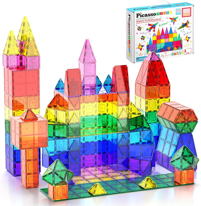 60 Piece Set 60Pcs Magnet Building Tiles Clear Magnetic 3D Blocks Construction Playboards - Creativity beyond Imagination, Inspirational, Recreational, Educational, Conventional