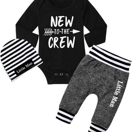 Newborn Baby Boy Clothes New to the Crew Letter Print Romper+ Pants+Hat 3PCS Outfit
