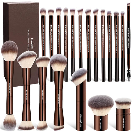 20 Pcs Makeup Brushes with Gift Box, Double-End Multi-Functional Makeup Brushes for Blending Liquid Powder Concealer Cream Blush Buffe,Coffeebrown