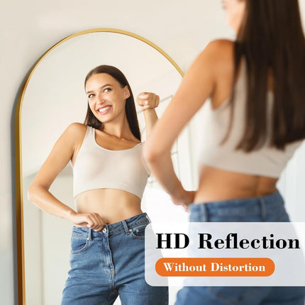 64"X21" Arched Full Length Floor Mirror, Full Body Mirror with Stand, Shatterproof Tempered Glass, Modern Aluminum Alloy Frame, Free Standing or Leaning for Home Decor, Gold