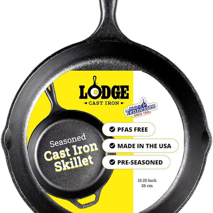 Seasoned Cast Iron Skillet 10.25 Inches - Pfas-Free, Non-Toxic Cookware - Use with an Oven, Stove, Grill, or Campfire - Naturally Non-Stick & Oven Safe | Camping-Cooking-Utensils