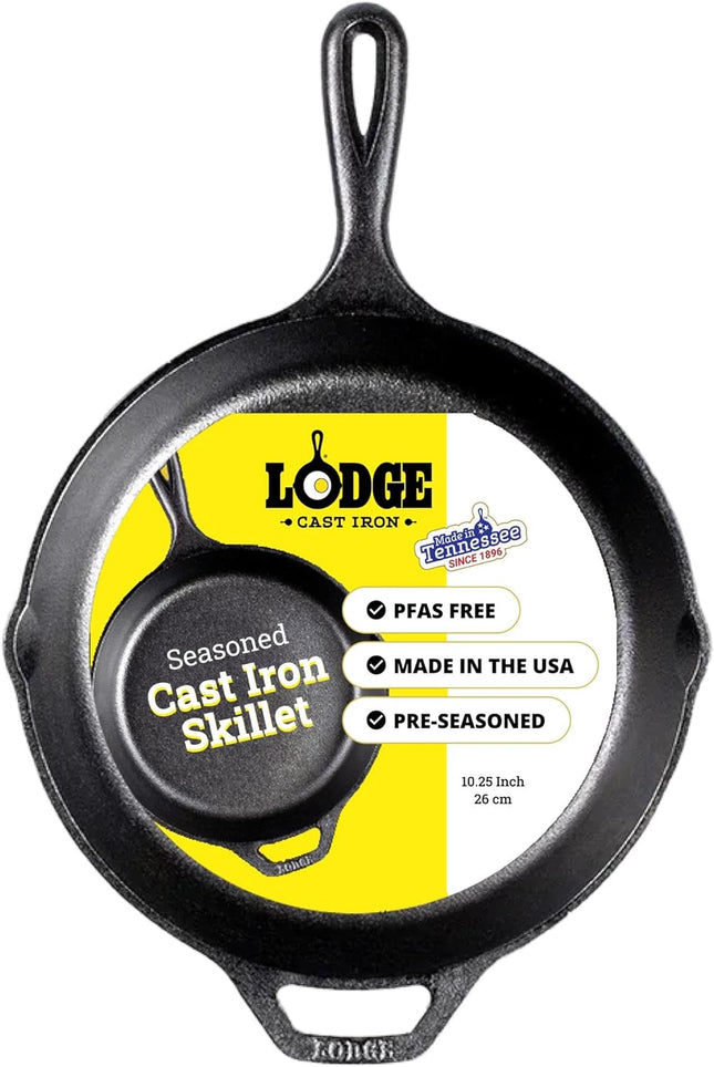 Seasoned Cast Iron Skillet 10.25 Inches - Pfas-Free, Non-Toxic Cookware - Use with an Oven, Stove, Grill, or Campfire - Naturally Non-Stick & Oven Safe | Camping-Cooking-Utensils