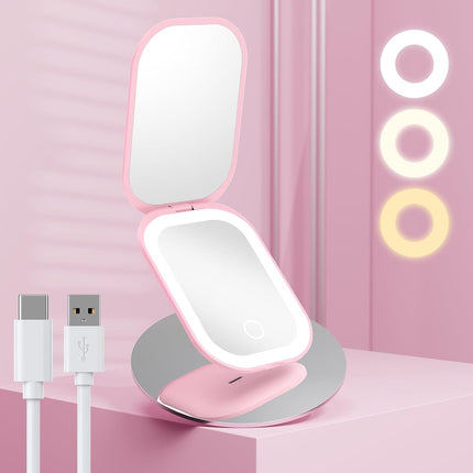 Ultra Slim Pocket Mirror with Light, 1X/3X Compact Travel Mirror,Light Pink