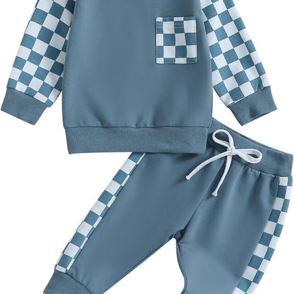Toddler Baby Boy Fall Outfit Checkerboard Patchwork Long Sleeve Sweatshirts Elastic Waist Pants Cute Newborn Clothes Set