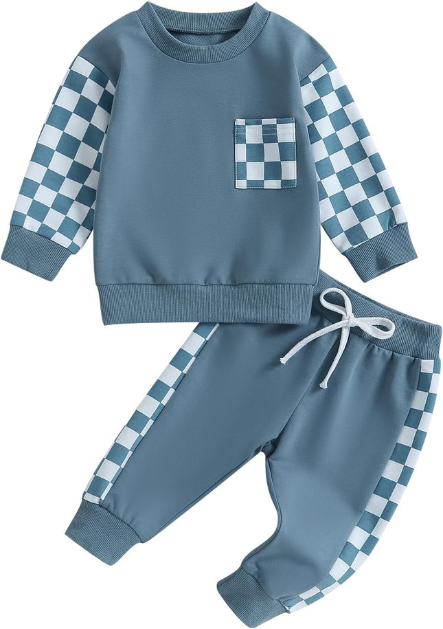 Toddler Baby Boy Fall Outfit Checkerboard Patchwork Long Sleeve Sweatshirts Elastic Waist Pants Cute Newborn Clothes Set