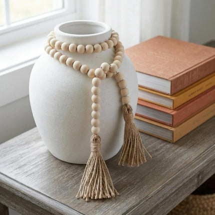 Farmhouse Beads Long Length Solid Wood Bead Boho Tassel Garland - Rustic Country Solid Beaded Boho Chic Decor for Wall, above Cabinet & Table