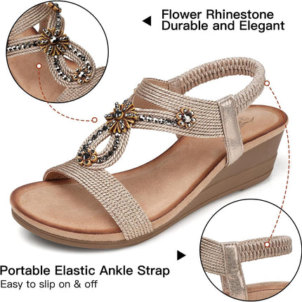 Womens Wedge Sandals with Cushioning for All-Day Comfortable | Low Heel, Elastic Ankle Strap, Dressy Casual Summer, Open Toe, Travel Vacation Outdoors Dress Shoes, Size 5-12