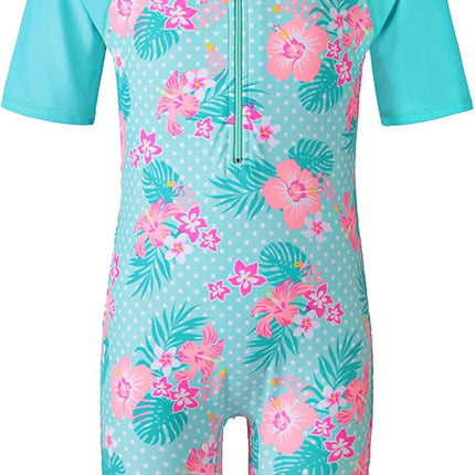 Short Sleeve Girls Swimsuits UV 50+ One Pieces Zipper 2-14Y | from Beach Vacations and Pool Parties to Cruises and Water Parks, This Colorful Floral Swimsuit Is Her Summer Favorite