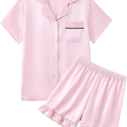 Girls Pajamas 2 Piece Summer Soft Silk Satin Short Sleeve Pajama Set Cute Pjs Sleepwear for Kids Size 6-16 Years