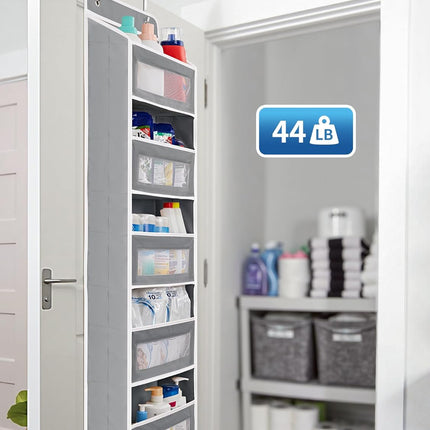 over the Door Organizer Storage, 5 Shelf Hanging Door Organizer with 5 Large Capacity Pockets, anti Tilt 44 Lb Load behind Door Storage for Bedroom, Bathroom, Pantry, Nursery, (Grey)
