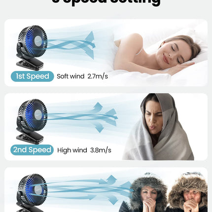 Portable Clip on Fan Battery Operated, Small Powerful 3 Speed Quiet 360° Rotate, USB Rechargeable Mini Personal Cooling Fan for Desk Table Home Office Stroller Camping Women Gifts Black Blue