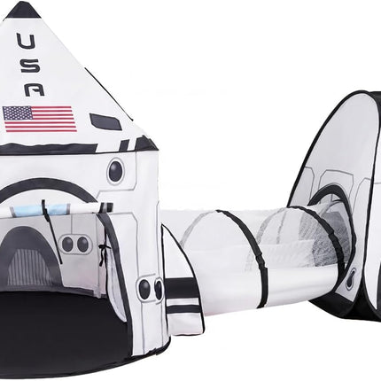 White Rocket Ship Pop up Play Tent with Tunnel and Playhouse Kids Indoor Outdoor Spaceship Tent Set
