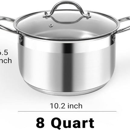 Stainless Steel Stock Pot - 8 Quart Heavy Duty Induction Cooking Pot with Visible Lid for Pasta, Soup, Spaghetti, Nonstick Thick Bottom Big Stockpot, Deep Cookware for Canning, Boiling, Simmer