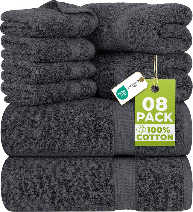 Utopia Towels 8 Piece Luxury Towel Set – Majestic Plush, Super Absorbent & Quicker-To-Dry, Thick 100% Ring Spun Cotton Towels for Bathroom, Spa & Hotel – 2 Bath, 2 Hand, 4 Washcloths, Grey